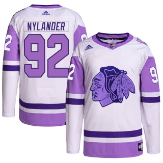 Men's Alexander Nylander Chicago Blackhawks Adidas Hockey Fights Cancer Primegreen Jersey - Authentic White/Purple