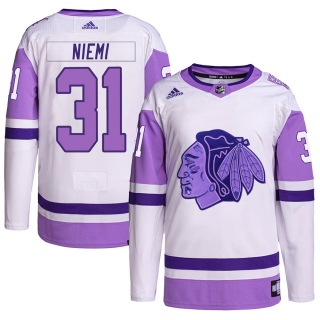 Men's Antti Niemi Chicago Blackhawks Adidas Hockey Fights Cancer Primegreen Jersey - Authentic White/Purple