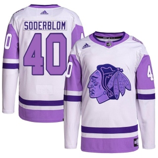Men's Arvid Soderblom Chicago Blackhawks Adidas Hockey Fights Cancer Primegreen Jersey - Authentic White/Purple