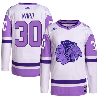 Men's Cam Ward Chicago Blackhawks Adidas Hockey Fights Cancer Primegreen Jersey - Authentic White/Purple