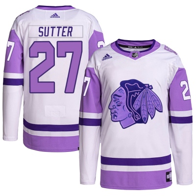 Men's Darryl Sutter Chicago Blackhawks Adidas Hockey Fights Cancer Primegreen Jersey - Authentic White/Purple