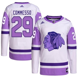Men's Drew Commesso Chicago Blackhawks Adidas Hockey Fights Cancer Primegreen Jersey - Authentic White/Purple