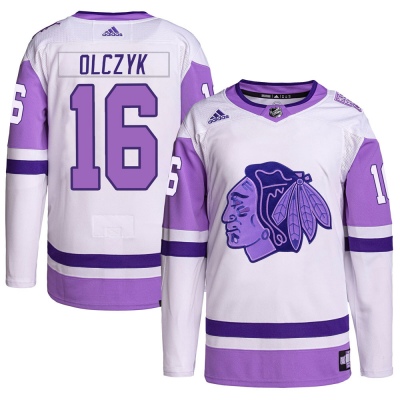 Men's Ed Olczyk Chicago Blackhawks Adidas Hockey Fights Cancer Primegreen Jersey - Authentic White/Purple