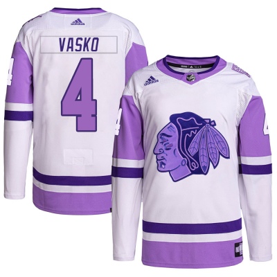 Men's Elmer Vasko Chicago Blackhawks Adidas Hockey Fights Cancer Primegreen Jersey - Authentic White/Purple