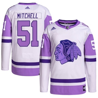 Men's Ian Mitchell Chicago Blackhawks Adidas Hockey Fights Cancer Primegreen Jersey - Authentic White/Purple