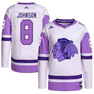 Men's Jack Johnson Chicago Blackhawks Adidas Hockey Fights Cancer Primegreen Jersey - Authentic White/Purple