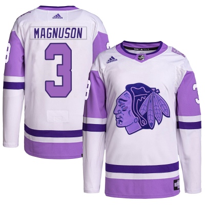 Men's Keith Magnuson Chicago Blackhawks Adidas Hockey Fights Cancer Primegreen Jersey - Authentic White/Purple