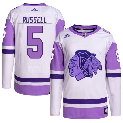 Men's Phil Russell Chicago Blackhawks Adidas Hockey Fights Cancer Primegreen Jersey - Authentic White/Purple