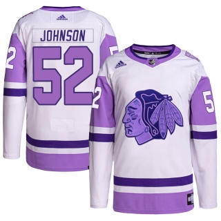 Men's Reese Johnson Chicago Blackhawks Adidas Hockey Fights Cancer Primegreen Jersey - Authentic White/Purple
