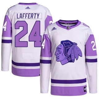 Men's Sam Lafferty Chicago Blackhawks Adidas Hockey Fights Cancer Primegreen Jersey - Authentic White/Purple