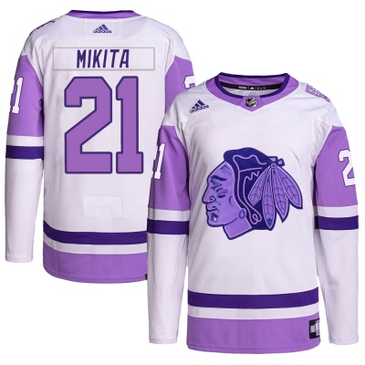 Men's Stan Mikita Chicago Blackhawks Adidas Hockey Fights Cancer Primegreen Jersey - Authentic White/Purple