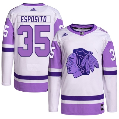 Men's Tony Esposito Chicago Blackhawks Adidas Hockey Fights Cancer Primegreen Jersey - Authentic White/Purple