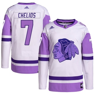 Youth Chris Chelios Chicago Blackhawks Adidas Hockey Fights Cancer Primegreen Jersey - Authentic White/Purple