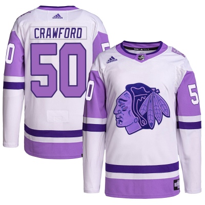 Youth Corey Crawford Chicago Blackhawks Adidas Hockey Fights Cancer Primegreen Jersey - Authentic White/Purple