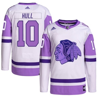 Youth Dennis Hull Chicago Blackhawks Adidas Hockey Fights Cancer Primegreen Jersey - Authentic White/Purple