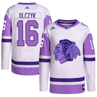 Youth Ed Olczyk Chicago Blackhawks Adidas Hockey Fights Cancer Primegreen Jersey - Authentic White/Purple