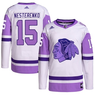 Youth Eric Nesterenko Chicago Blackhawks Adidas Hockey Fights Cancer Primegreen Jersey - Authentic White/Purple