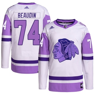 Youth Nicolas Beaudin Chicago Blackhawks Adidas Hockey Fights Cancer Primegreen Jersey - Authentic White/Purple