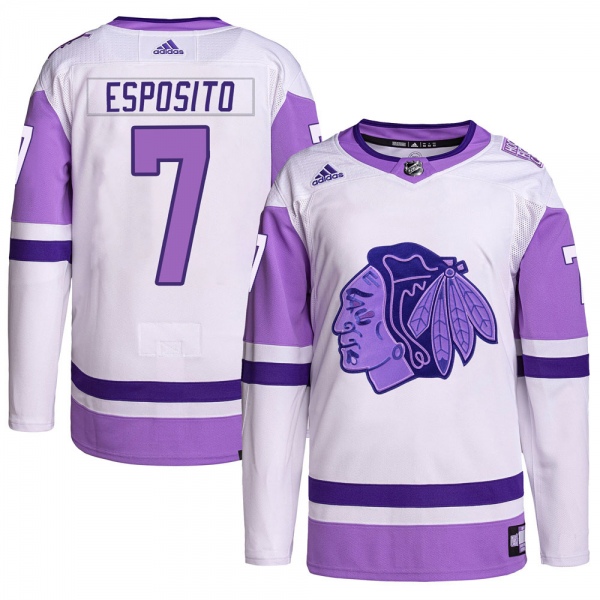Youth Phil Esposito Chicago Blackhawks Adidas Hockey Fights Cancer Primegreen Jersey - Authentic White/Purple