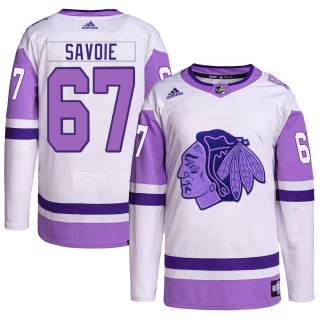 Youth Samuel Savoie Chicago Blackhawks Adidas Hockey Fights Cancer Primegreen Jersey - Authentic White/Purple